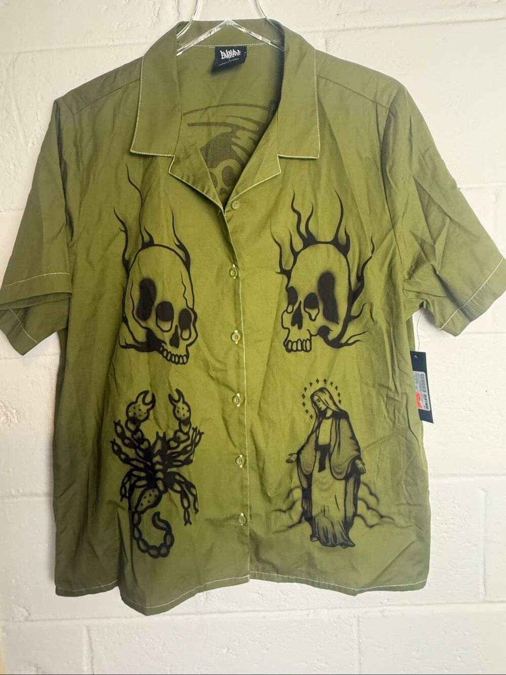 Empyre Men’s Iggy Graphic Patch Shirt L Green Skull Grim Reaper Tattoo NWT